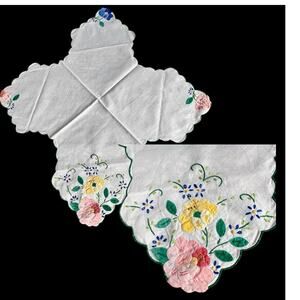 Vintage Bread Basket Liner Hand Embroidered Appliqué Flowers Linen Cottagecore